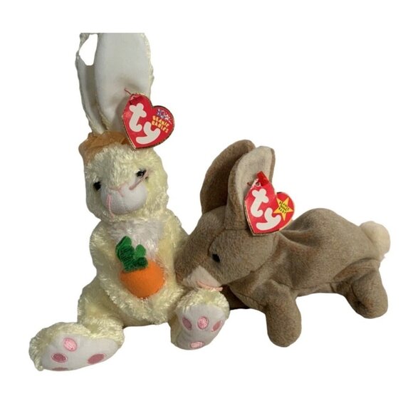 Ty Beanie Babies Nibbly & Nibbles Bunny Plush Set 1998 & 2002 Polyester Fiber - Picture 1 of 7